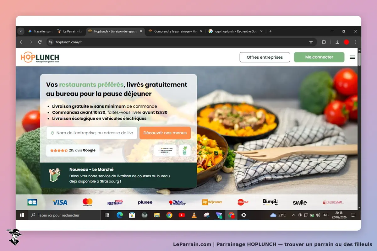 HOPLUNCH : page d'accueil avec plats préparés et informations sur la livraison au bureau