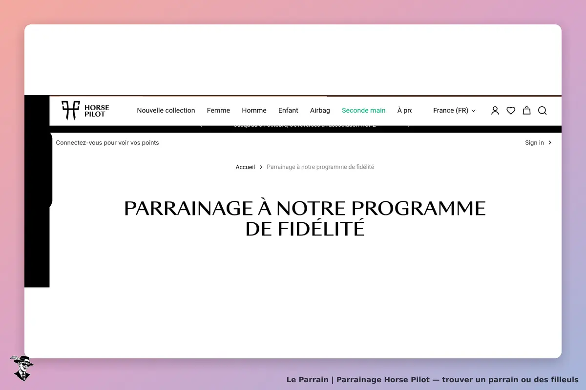 Horse Pilot : page sur le programme de parrainage de fidélité avec titre en gros caractères