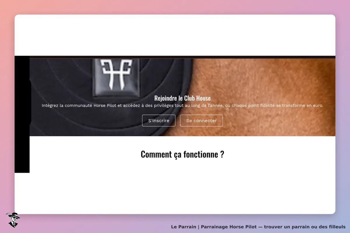 Horse Pilot : page d'accueil avec un message d'invitation à rejoindre le Club House
