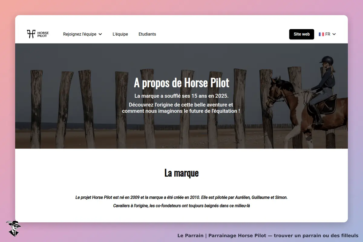 Horse Pilot : page d'accueil avec un texte sur la marque et une image d'une cavalière à cheval