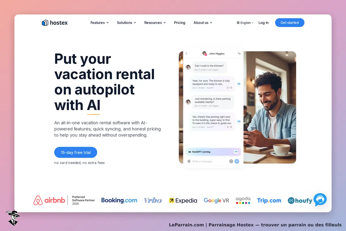Hostex : page d'accueil présentant un logiciel de gestion de locations de vacances avec chat