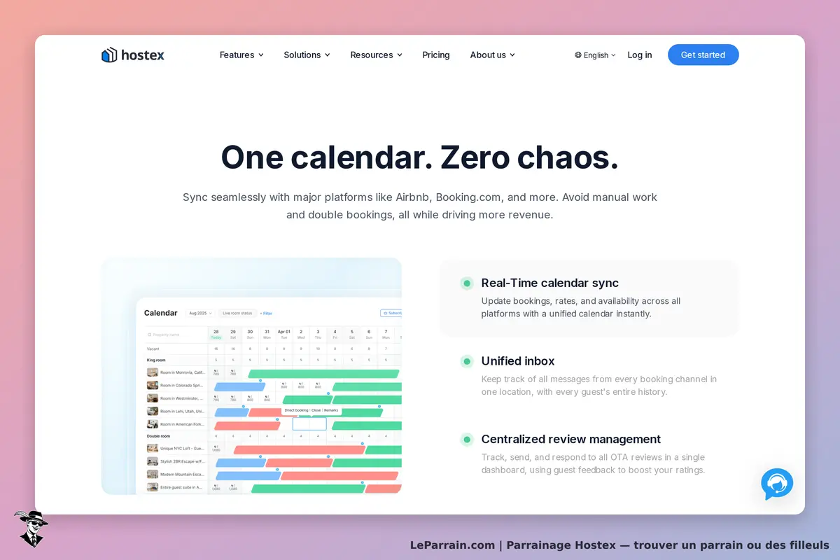 Hostex : page d'accueil avec un calendrier et des fonctionnalités de gestion de réservations