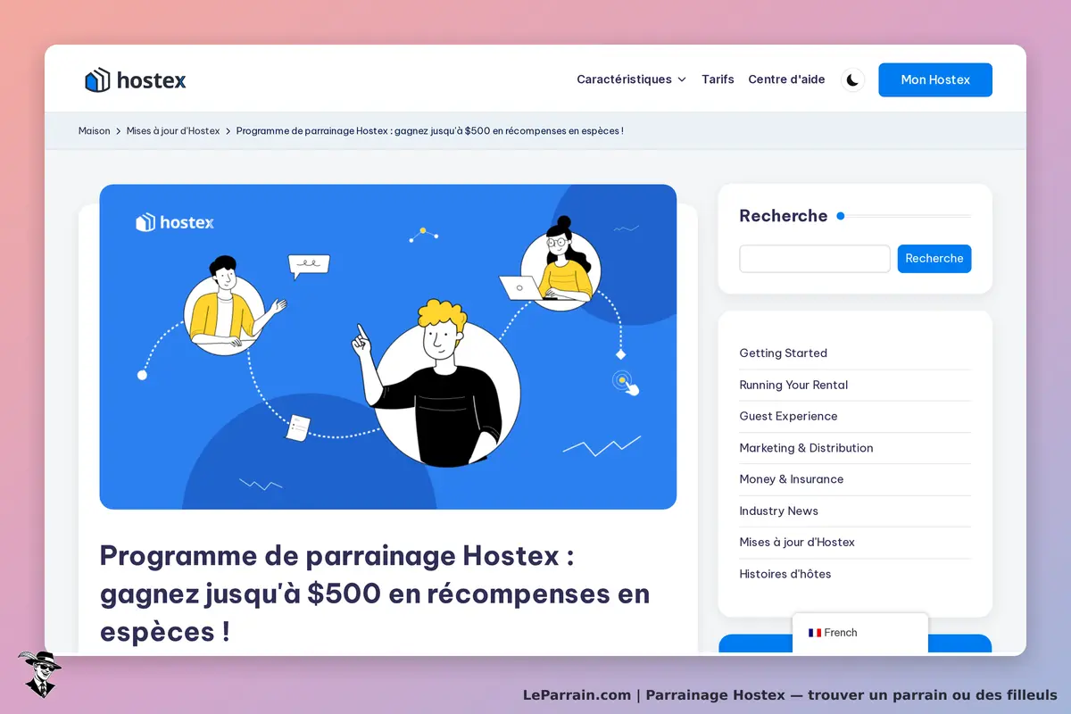 Hostex : page d'accueil présentant le programme de parrainage avec des illustrations colorées
