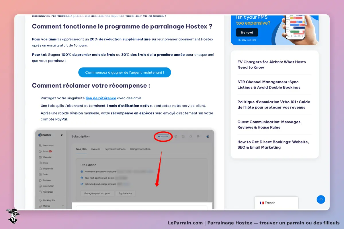 Hostex : section sur le programme de parrainage avec instructions et aperçu d'un tableau de bord