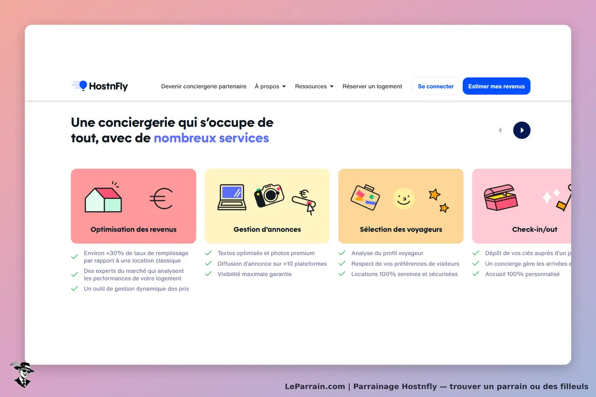 HostnFly : page d'accueil présentant divers services de conciergerie avec icônes colorées
