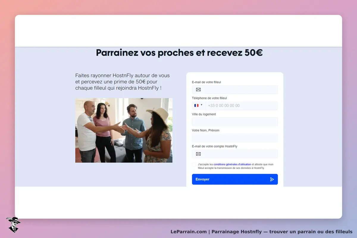 Hostnfly : page de parrainage avec formulaire et image de personnes se serrant la main
