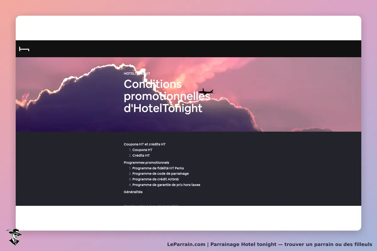 Hotel Tonight : conditions promotionnelles avec liste de programmes et arrière-plan nuageux