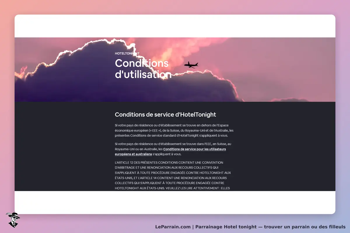 Hotel tonight : hotelTonight : conditions d'utilisation avec texte sur fond sombre et image de ciel