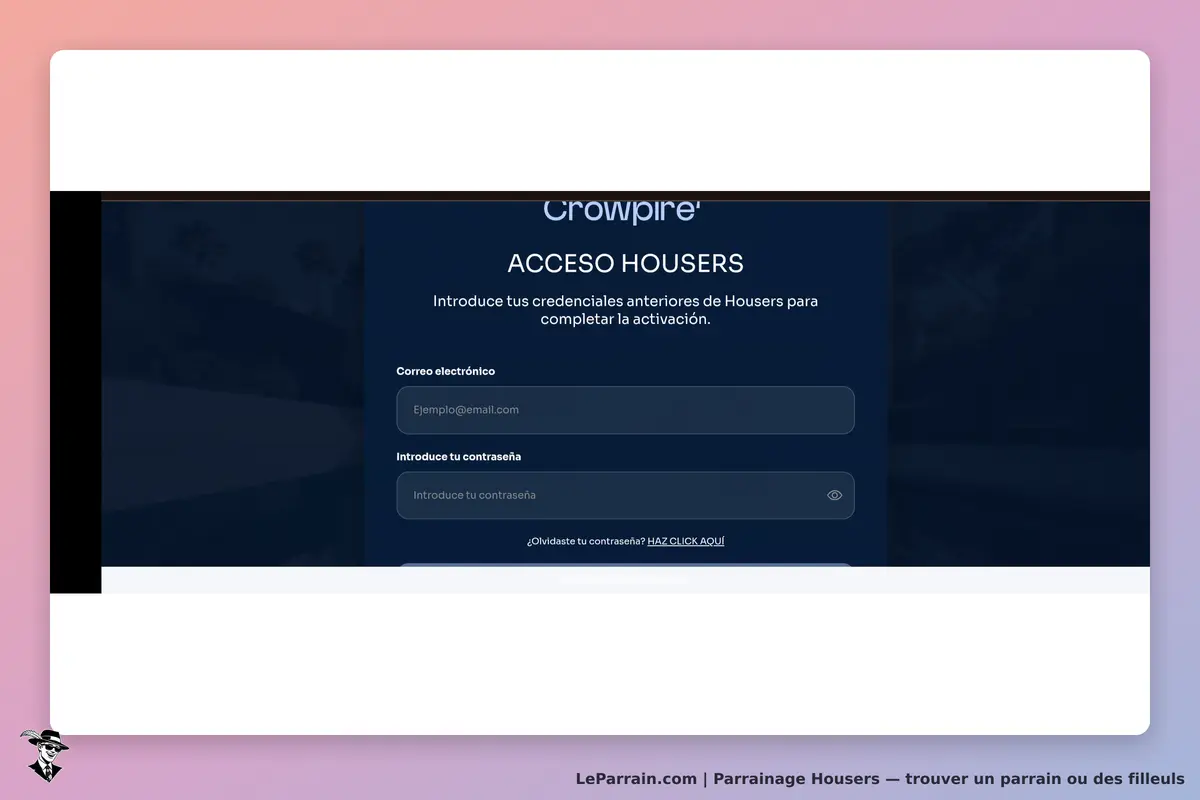 Housers : formulaire de connexion avec champs pour email et mot de passe sur fond sombre