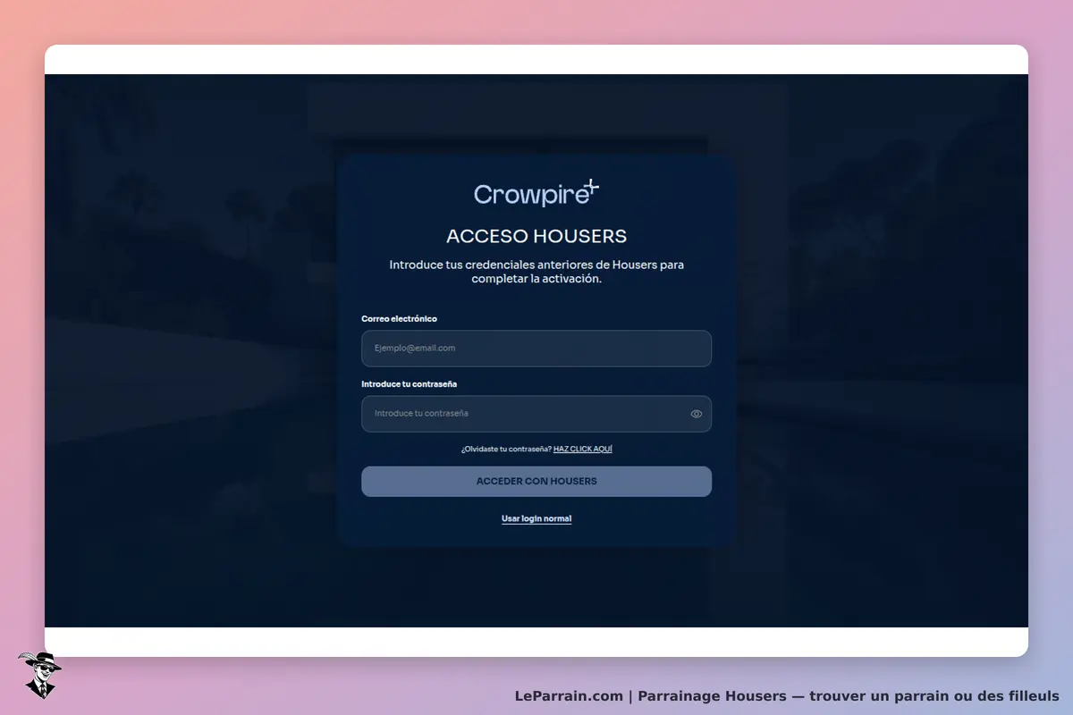 Housers : écran de connexion avec champs pour email et mot de passe, logo Crowpire en haut