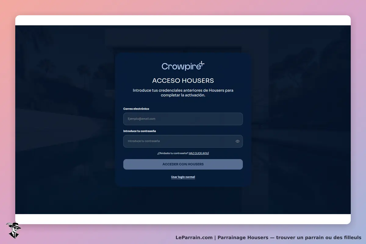 Housers : écran de connexion demandant un email et un mot de passe pour accéder au service