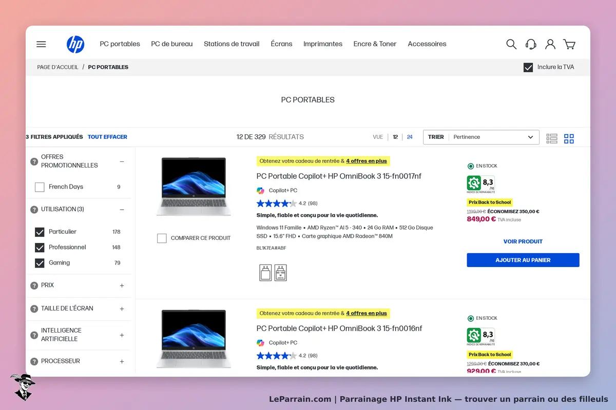 HP Instant Ink : hP : page d'accueil de la catégorie PC portables avec produits et filtres visibles