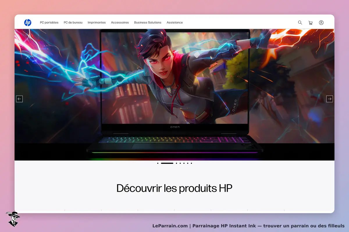HP Instant Ink : hP : page d'accueil présentant un ordinateur portable avec un visuel dynamique et