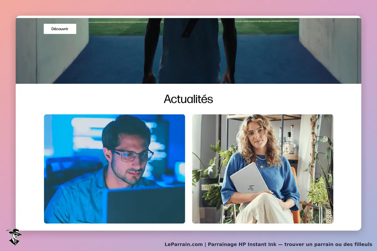 HP Instant Ink : page d'accueil avec deux images d'actualités et le titre "Actualités"