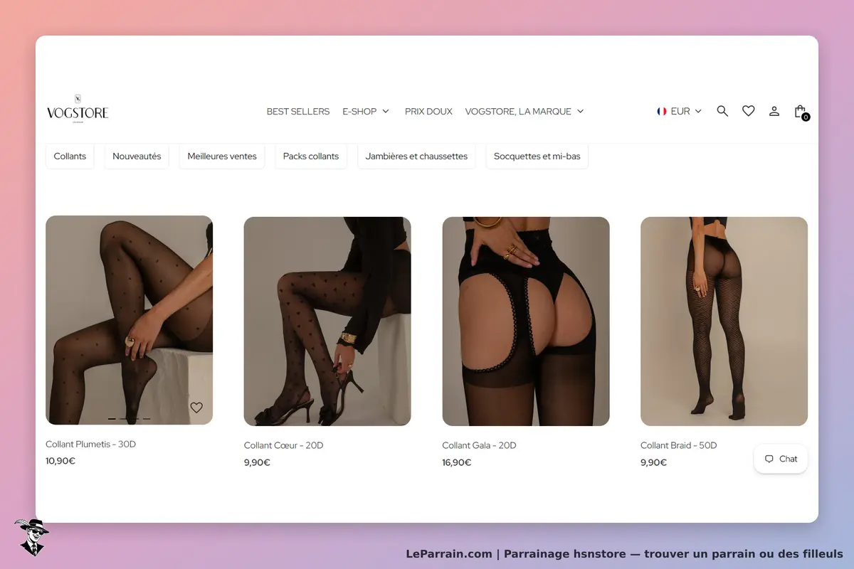 hsnstore : vOGSTORE : affichage de collants avec images et prix sur la page d'accueil du site
