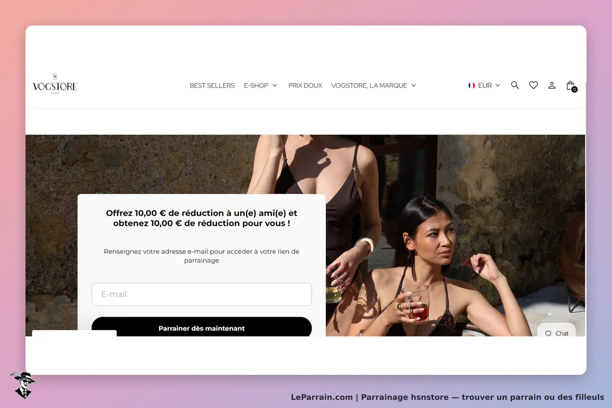 hsnstore : vOGSTORE : deux femmes assises en extérieur, un formulaire de parrainage est visible