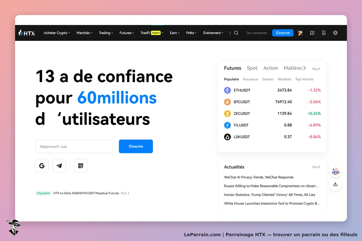 HTX : page d'accueil avec un formulaire d'inscription et une liste de cryptomonnaies populaires