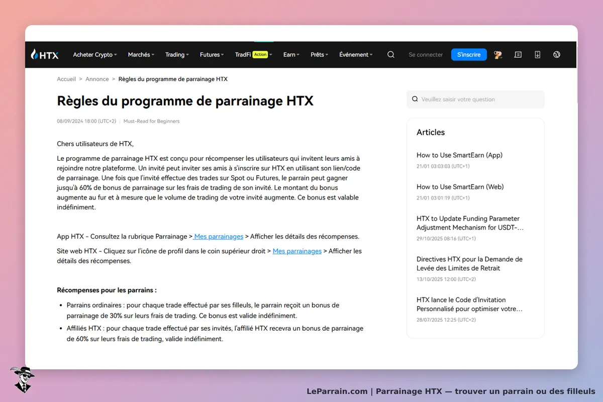 HTX : règles du programme de parrainage avec détails sur les récompenses et articles associés