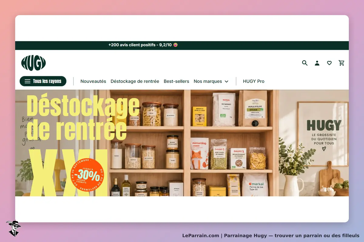 HUGY : page d'accueil avec des produits alimentaires en promotion sur une étagère en bois