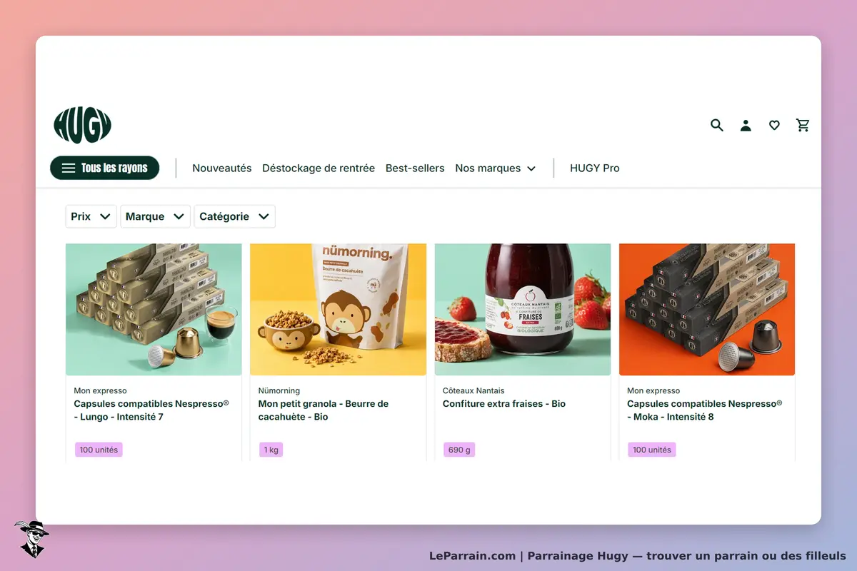 Hugy : page d'accueil avec divers produits alimentaires et capsules Nespresso affichés