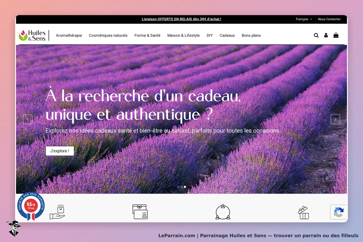 Huiles et Sens : huiles & Sens : page d'accueil avec champs de lavande et invitation à explorer des
