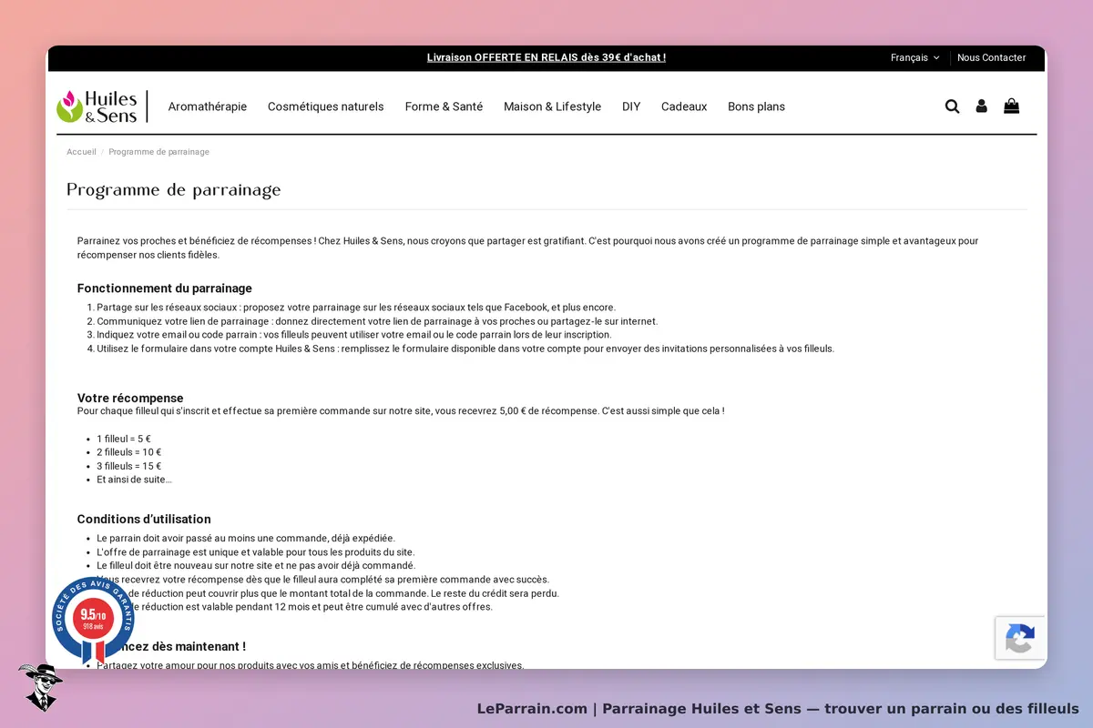Huiles et Sens : huiles & Sens : page du programme de parrainage avec explications et conditions