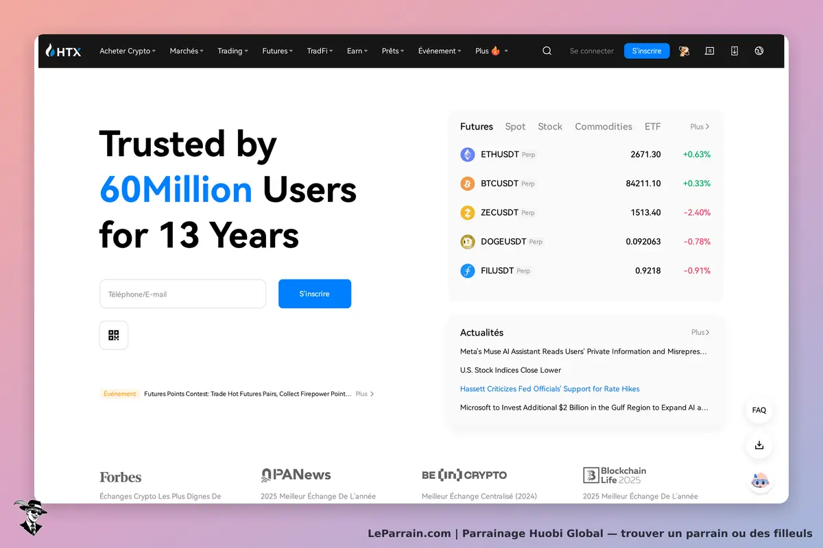 Huobi Global : page d'accueil affichant des informations sur les utilisateurs et des
