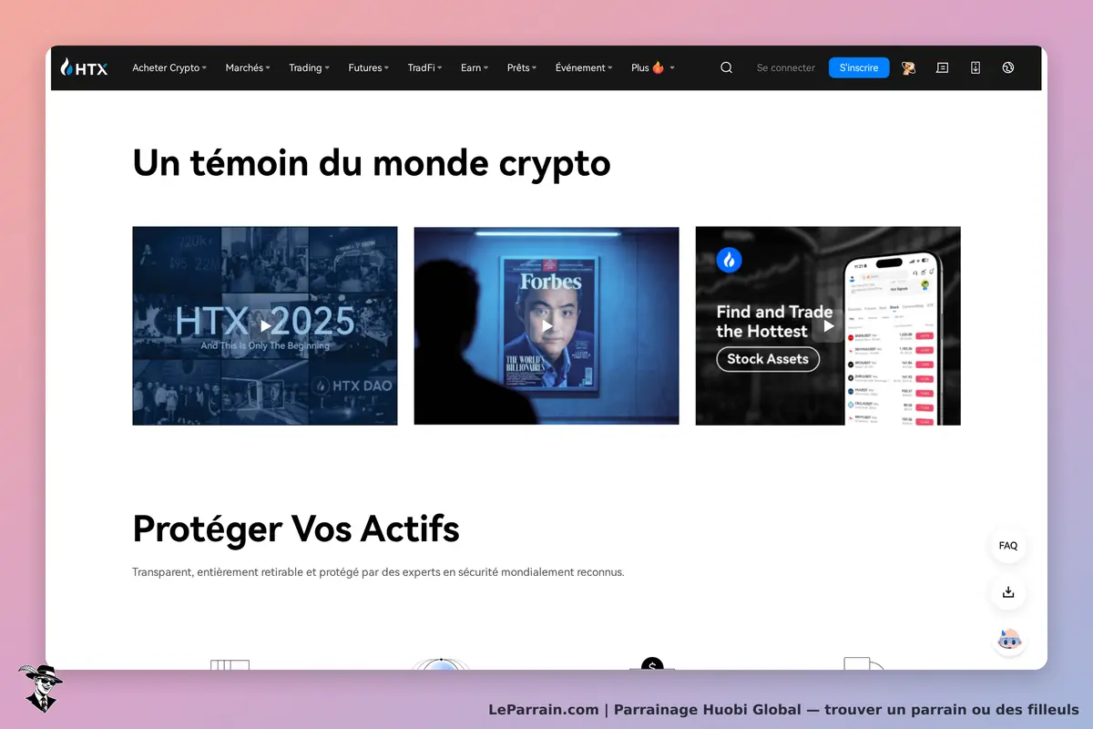 Huobi Global : hTX : page d'accueil avec des sections sur la crypto et un témoignage Forbes