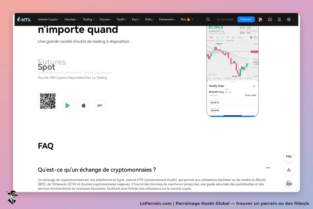 Huobi Global : page d'accueil présentant des outils de trading et un graphique de crypto-monnaies