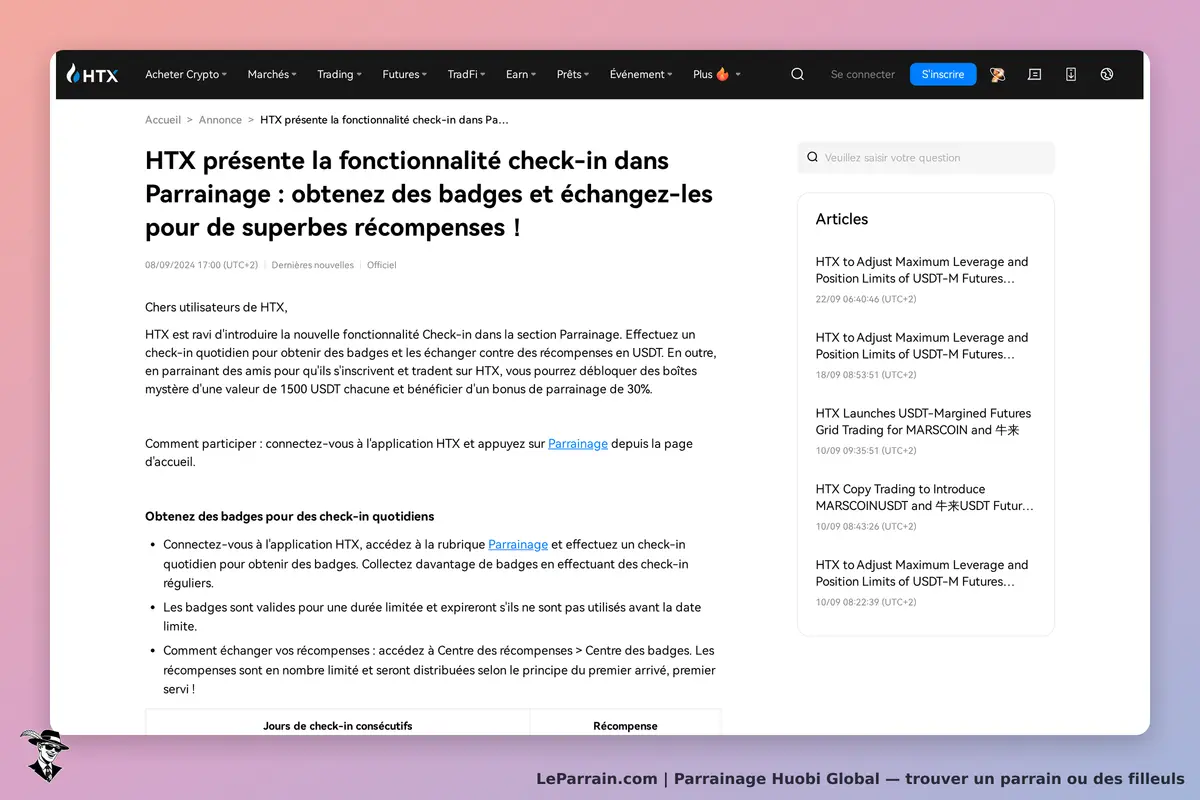 Huobi Global : hTX : annonce de la fonctionnalité check-in dans le programme de parrainage avec