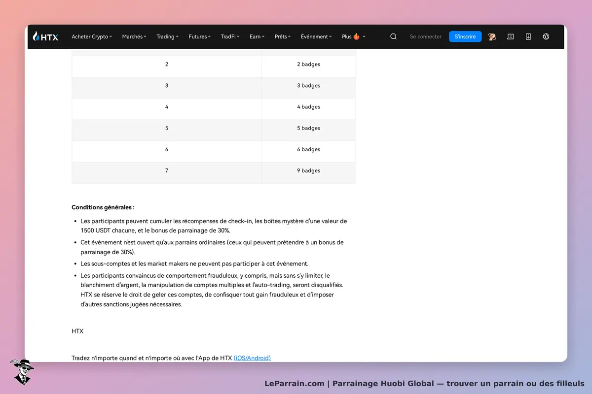 Huobi Global : tableau des badges et conditions générales de parrainage sur la page d'accueil