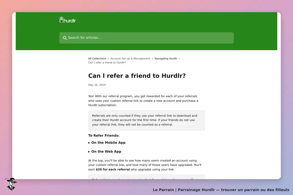 Hurdlr : page d'aide sur le programme de parrainage et lien pour référer des amis