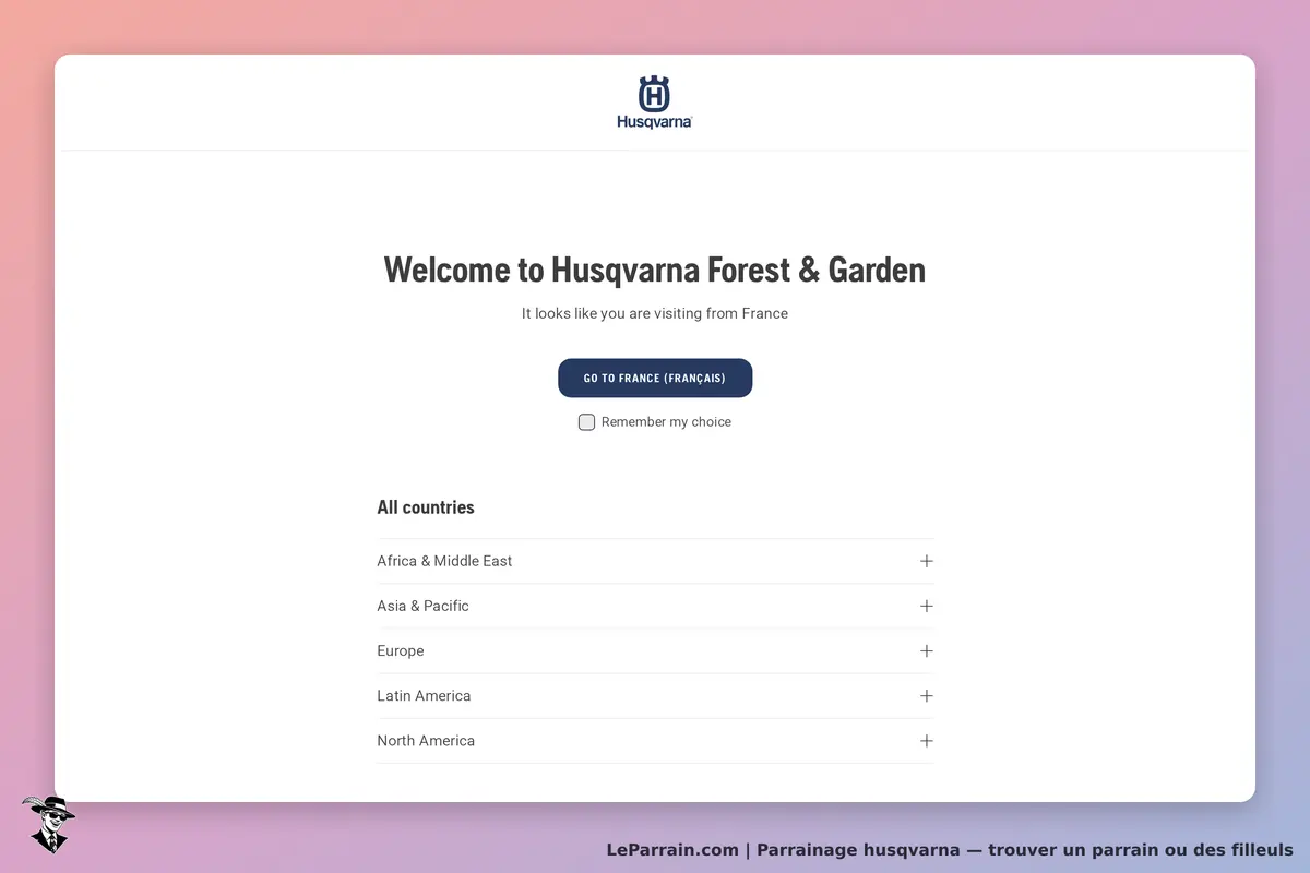 Husqvarna : page d'accueil avec message de bienvenue et choix de pays pour l'utilisateur