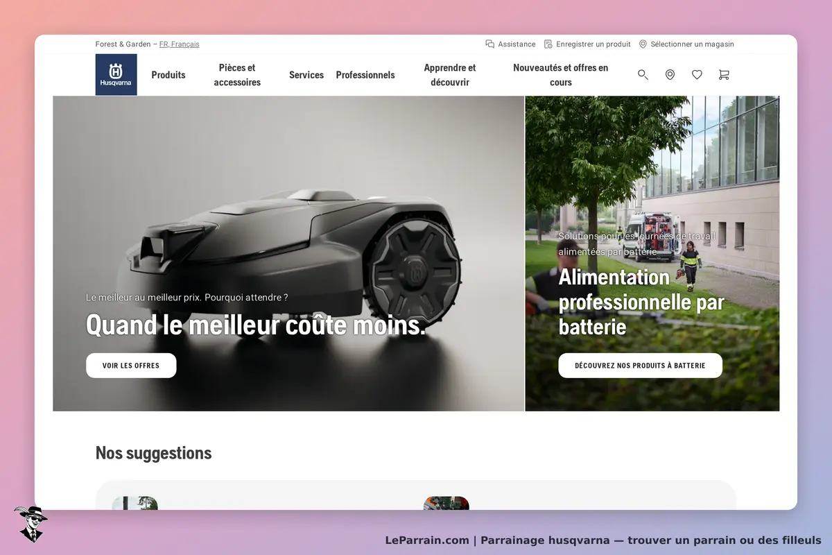Husqvarna : page d'accueil présentant un robot tondeuse et des solutions d'alimentation par
