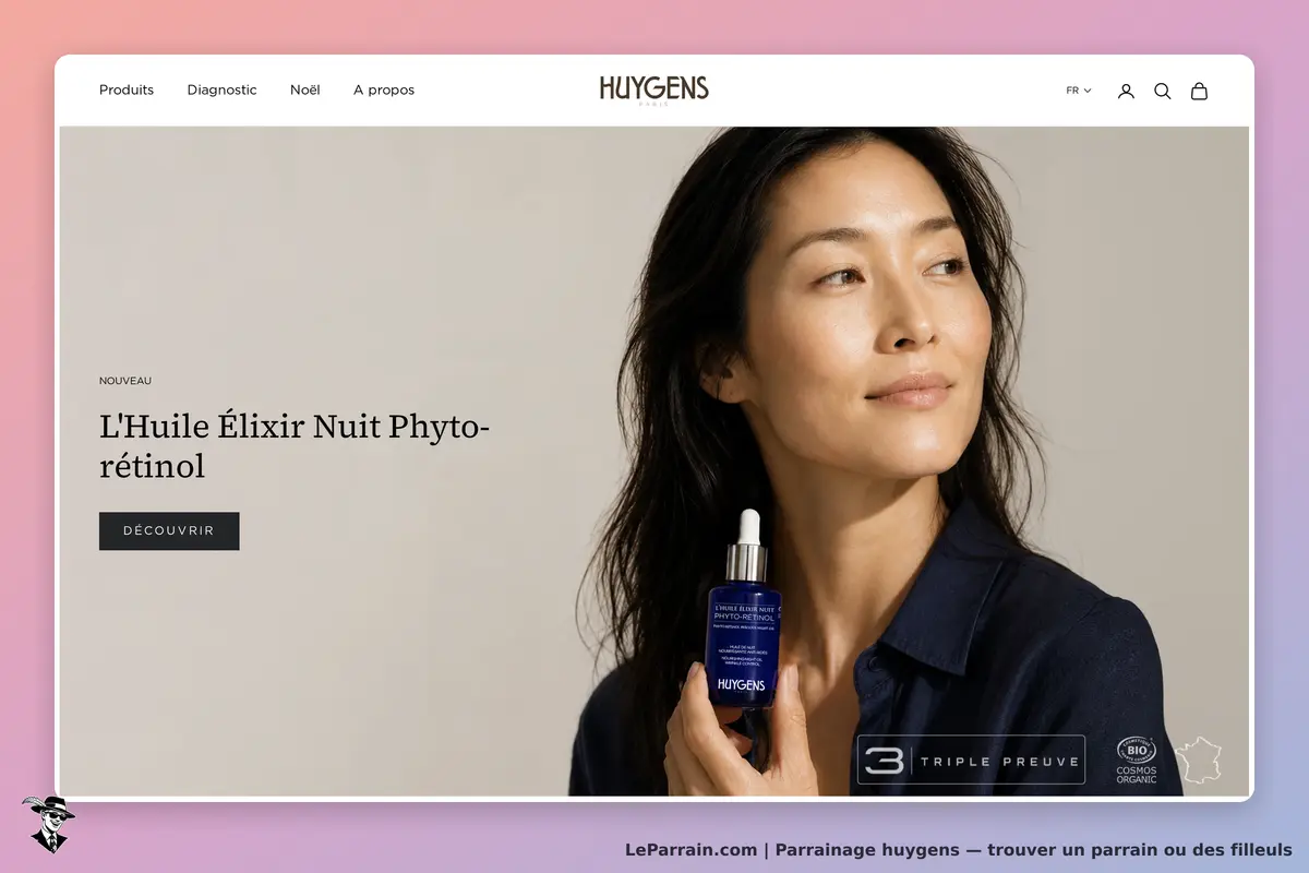 Huygens : page d'accueil présentant l'Huile Éixir Nuit Phyto-rétinol avec modèle et produit