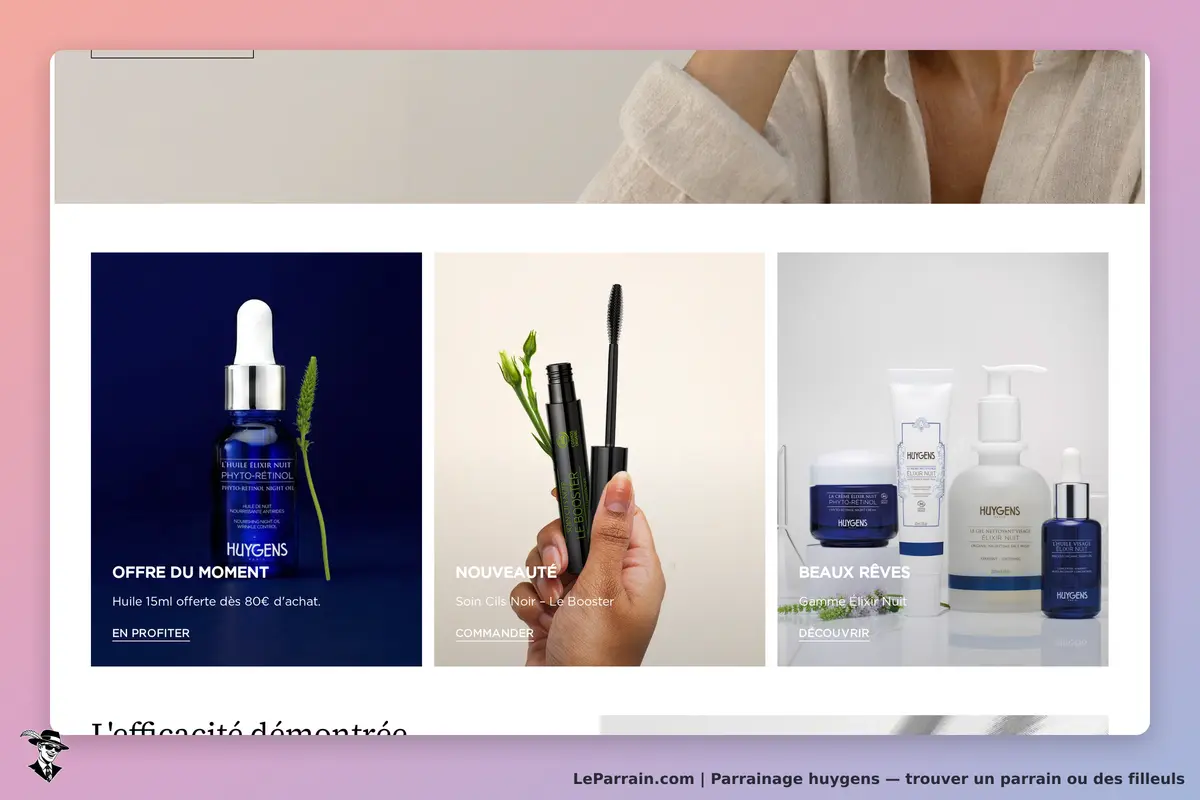 Huygens : page d'accueil avec produits de soins et huiles présentés en trois sections