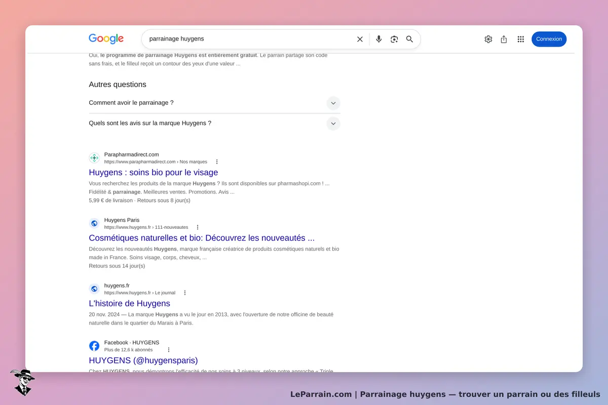 Google : résultats de recherche pour "parrainage Huygens" avec liens et descriptions
