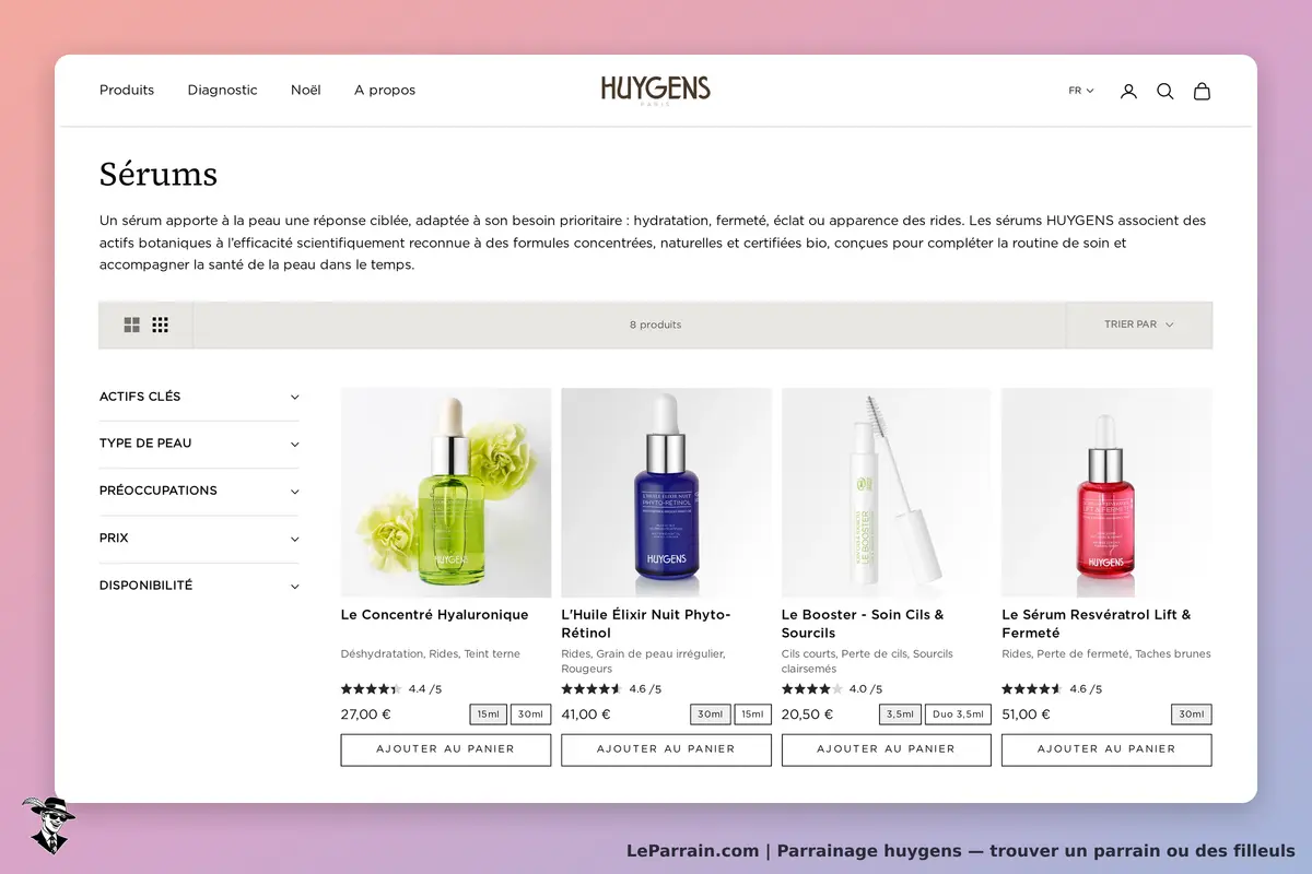 Huygens : page de catégorie présentant différents sérums avec des détails et options d'achat