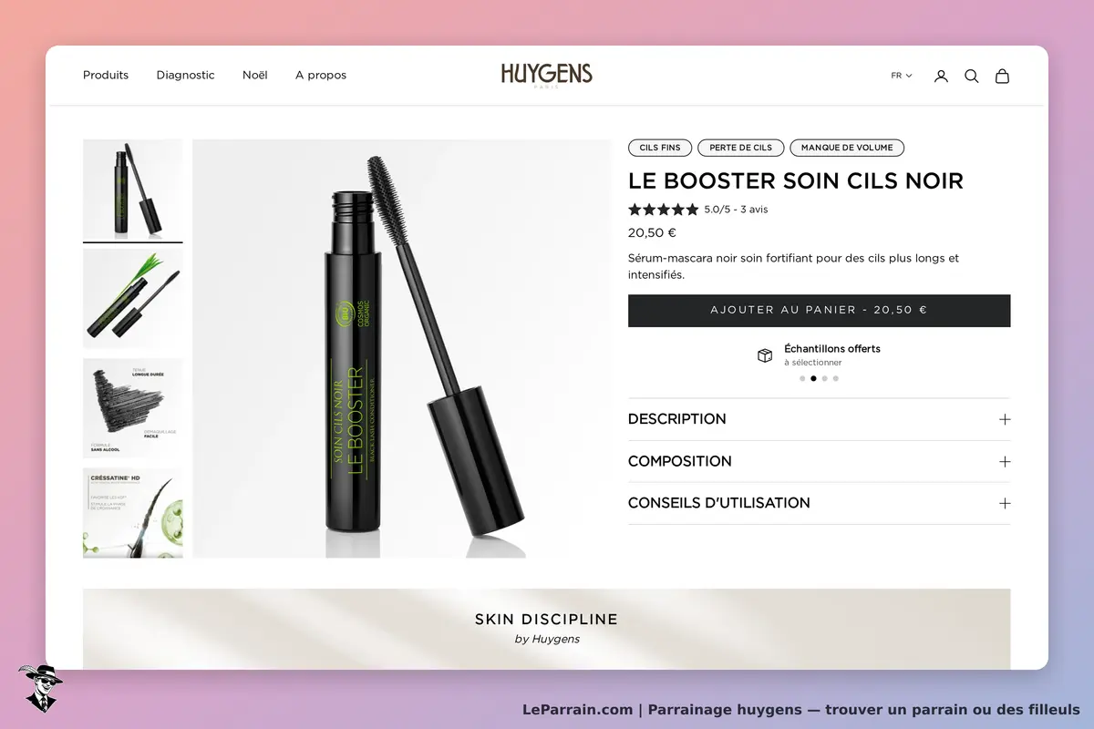 Huygens : page produit affichant le sérum-mascara Le Booster pour cils noirs