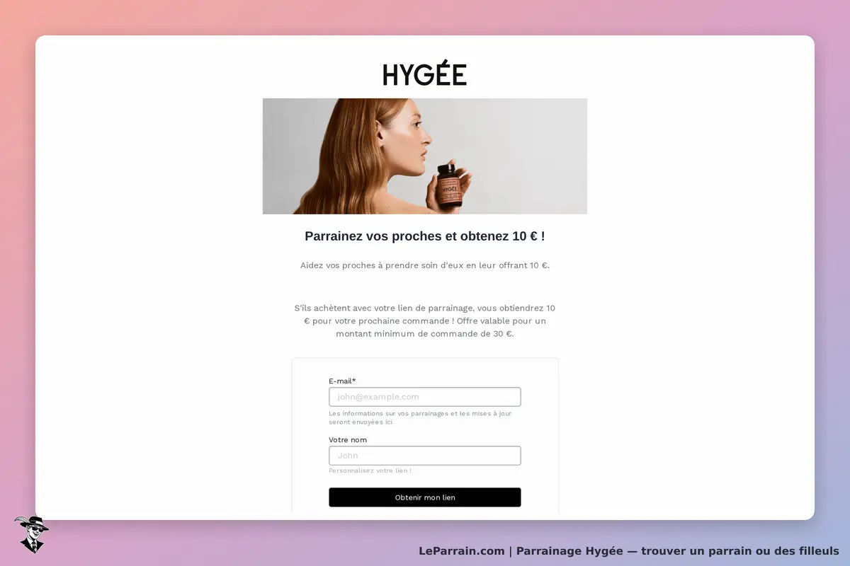 Hygée : page d'accueil avec image d'un produit et formulaire de parrainage