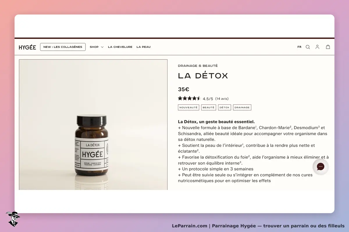 Hygée : page produit affichant le complément "La Détox" avec description et évaluation