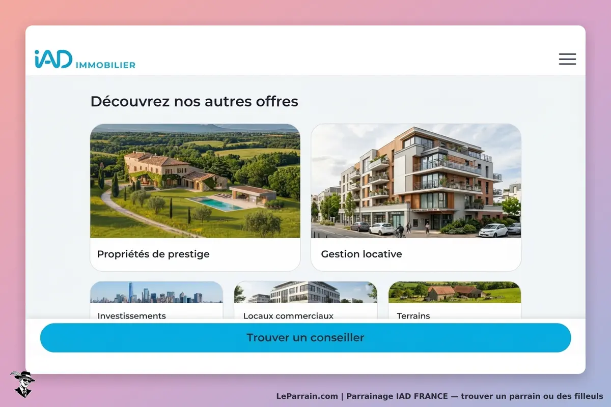 IAD FRANCE : page d'accueil avec offres immobilières et bouton pour trouver un conseiller