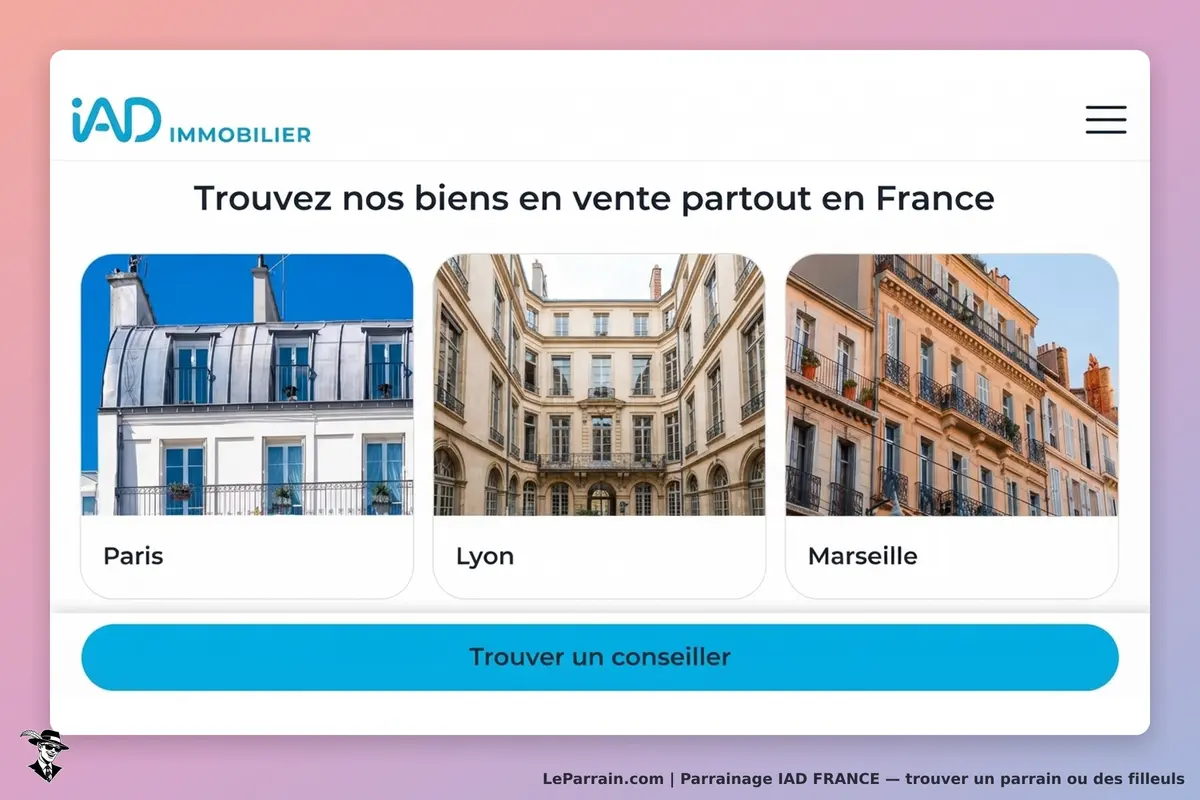 IAD FRANCE : page d'accueil avec images de biens à Paris, Lyon et Marseille, bouton de contact