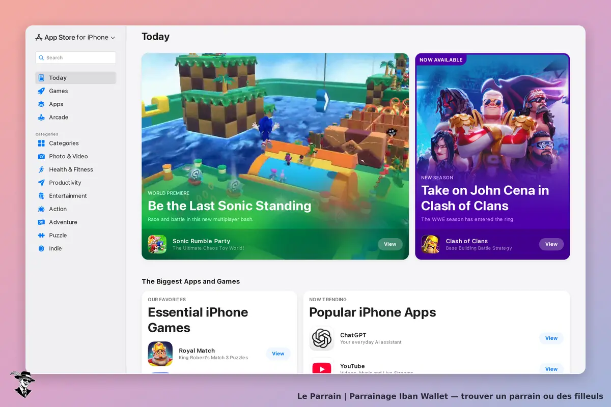 Iban Wallet : page d'accueil affichant des jeux et applications populaires sur l'App Store