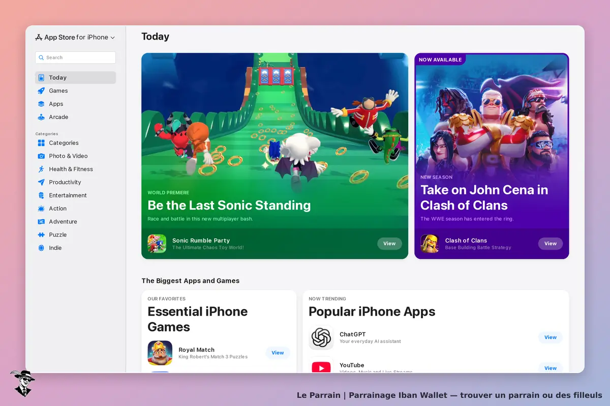 Iban Wallet : page d'accueil de l'App Store pour iPhone avec des jeux et applications populaires