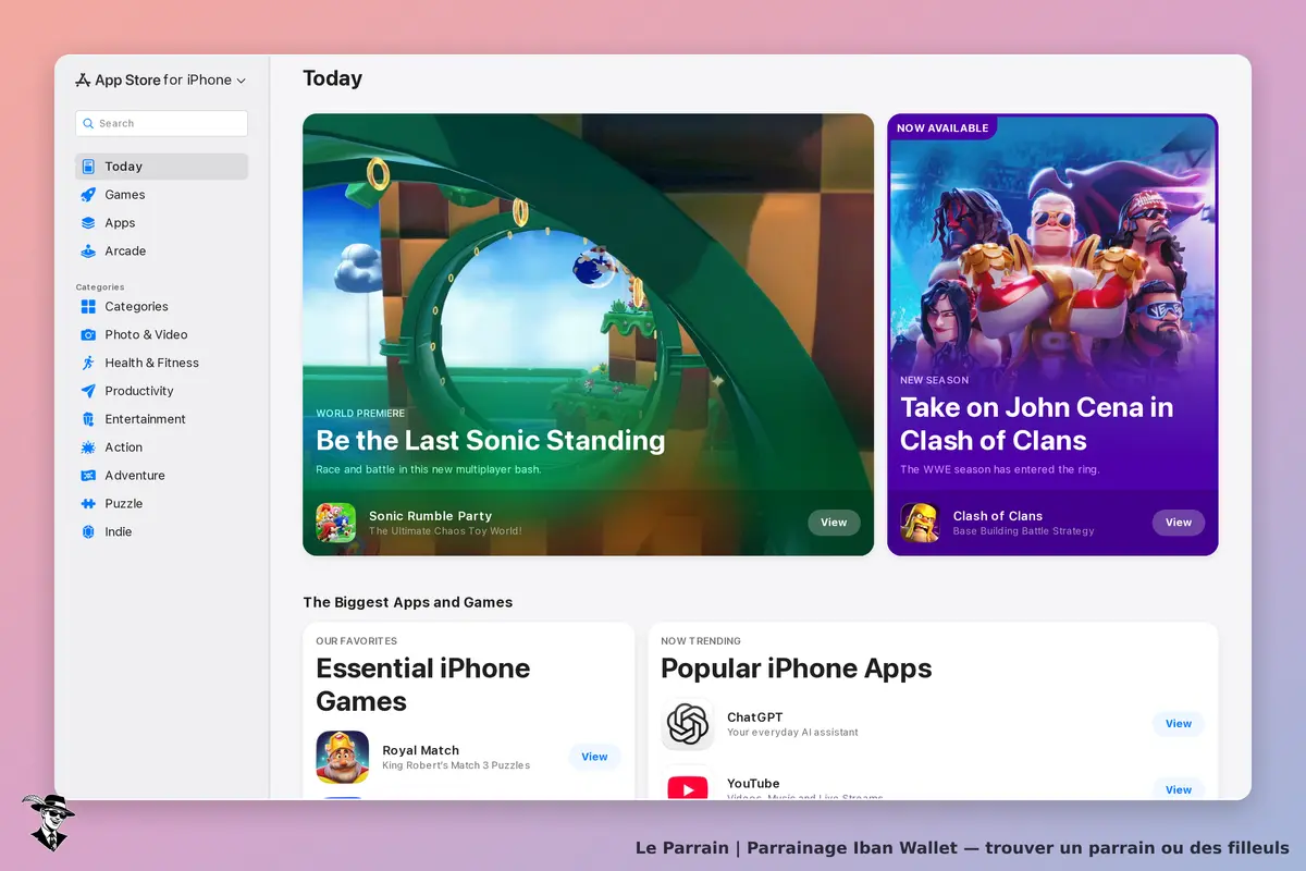 Iban Wallet : page d'accueil de l'App Store avec jeux et applications populaires affichés