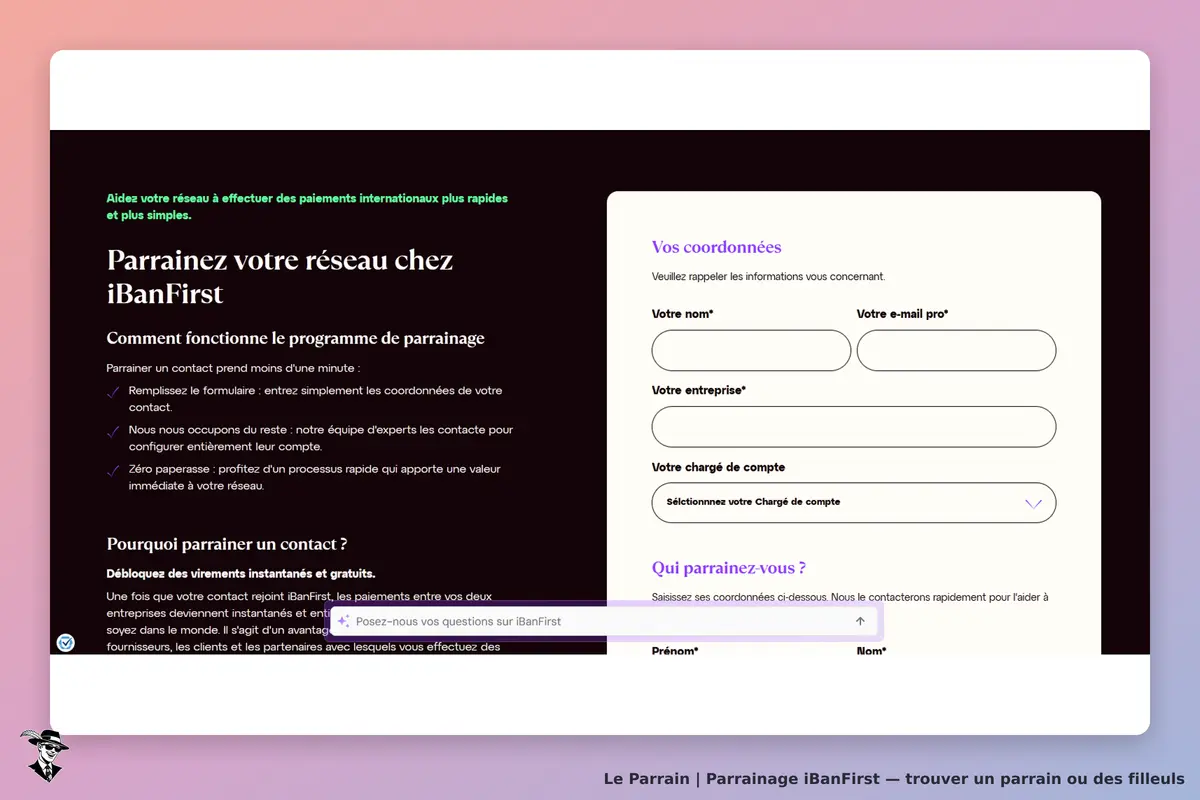 iBanFirst : page d'accueil avec formulaire de parrainage et instructions sur le programme