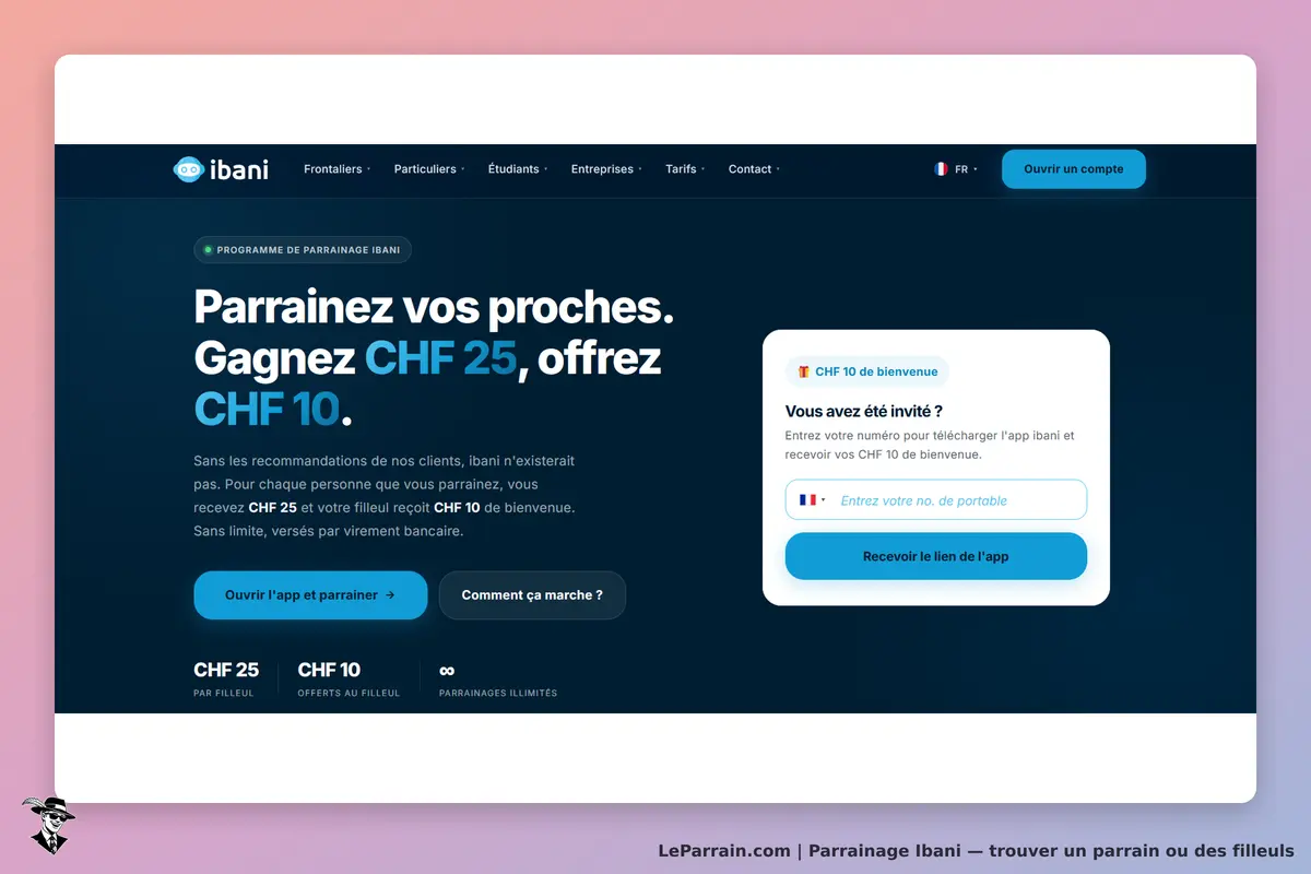 Ibani : page d'accueil présentant le programme de parrainage et un formulaire d'inscription