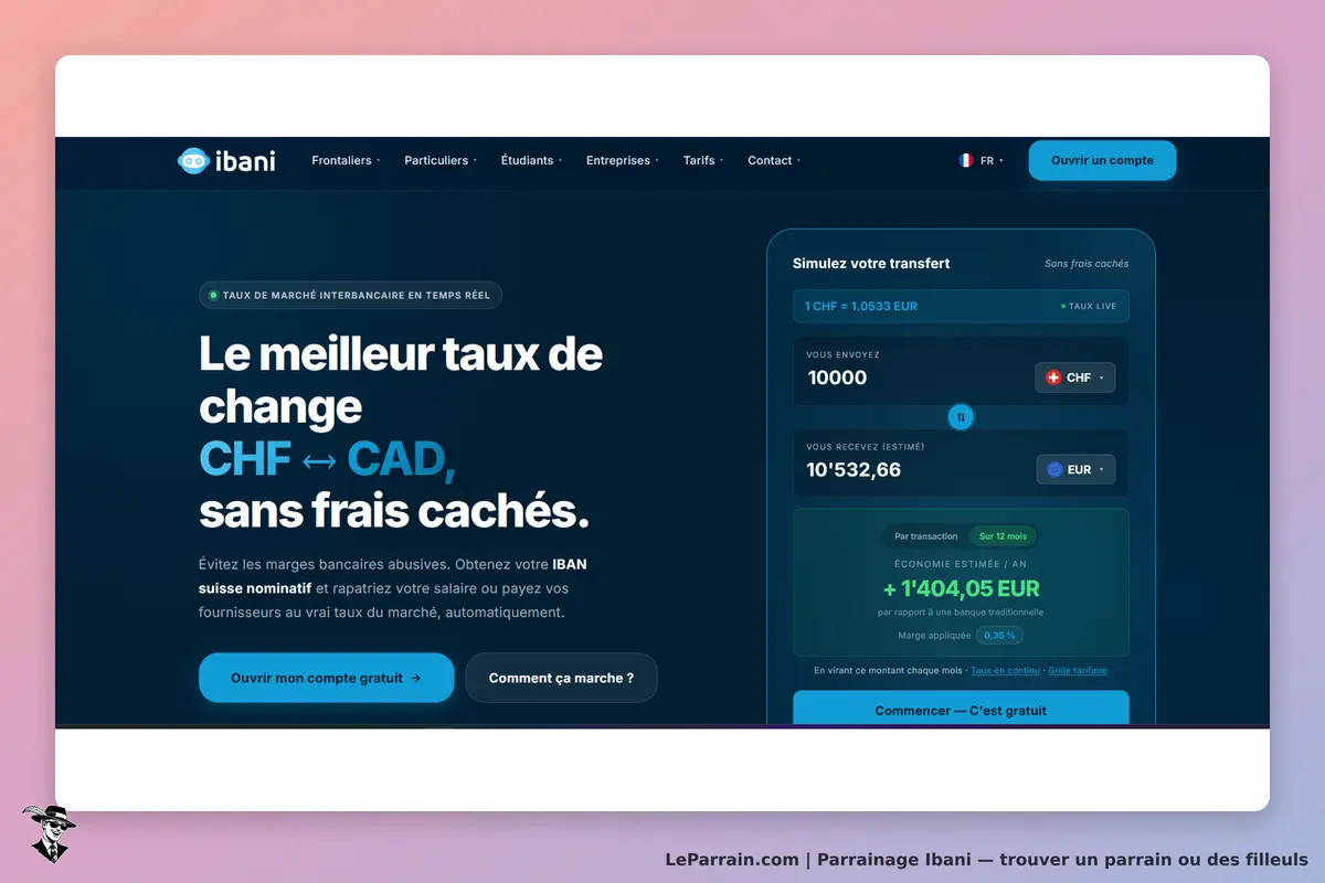 Ibani : page d'accueil présentant un simulateur de transfert de devises CHF vers CAD