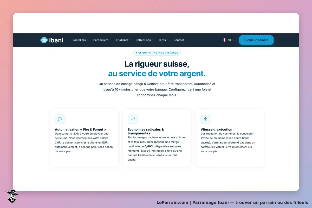 Ibani : page d'accueil présentant des services de change et d'automatisation financière
